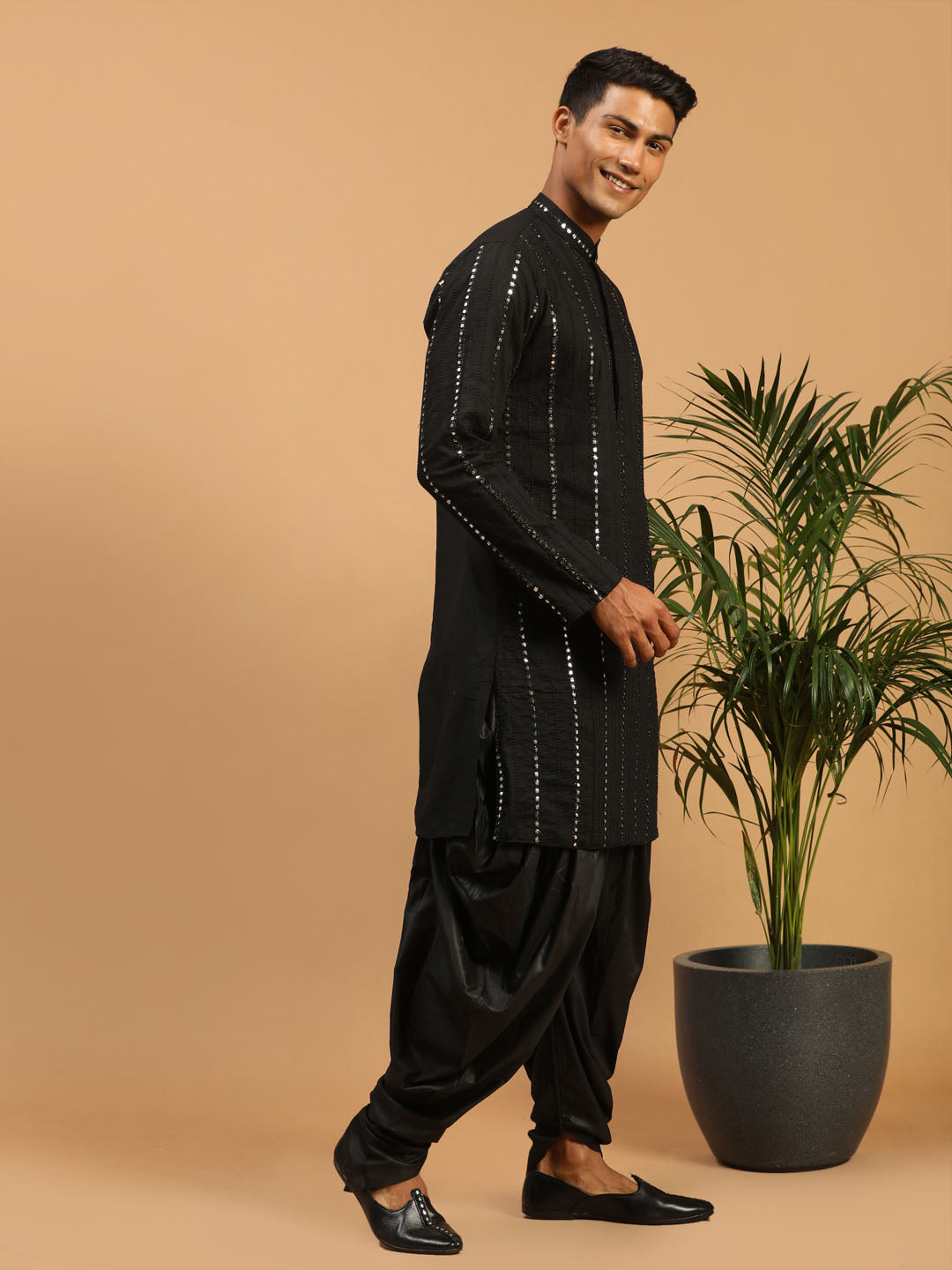 Men's Black Mirror Kurta Dhoti Set
