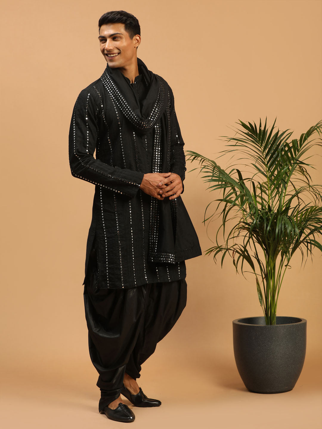 Men's Black Mirror Kurta Dhoti And Dupatta Set