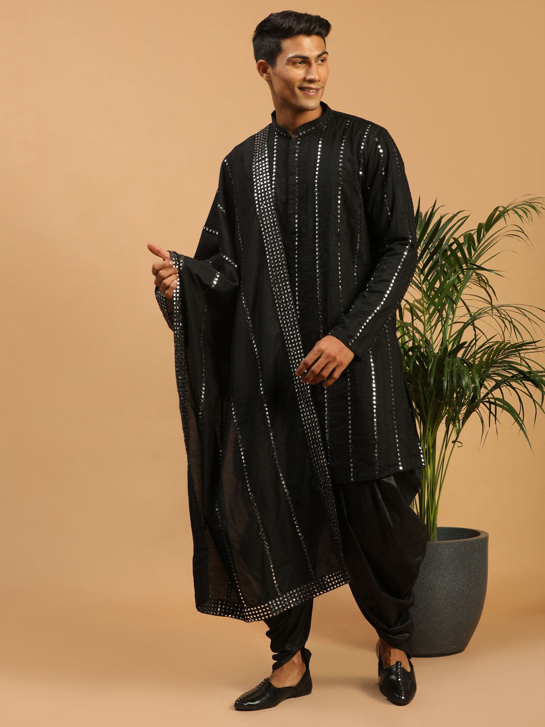 Men's Black Mirror Kurta Dhoti And Dupatta Set