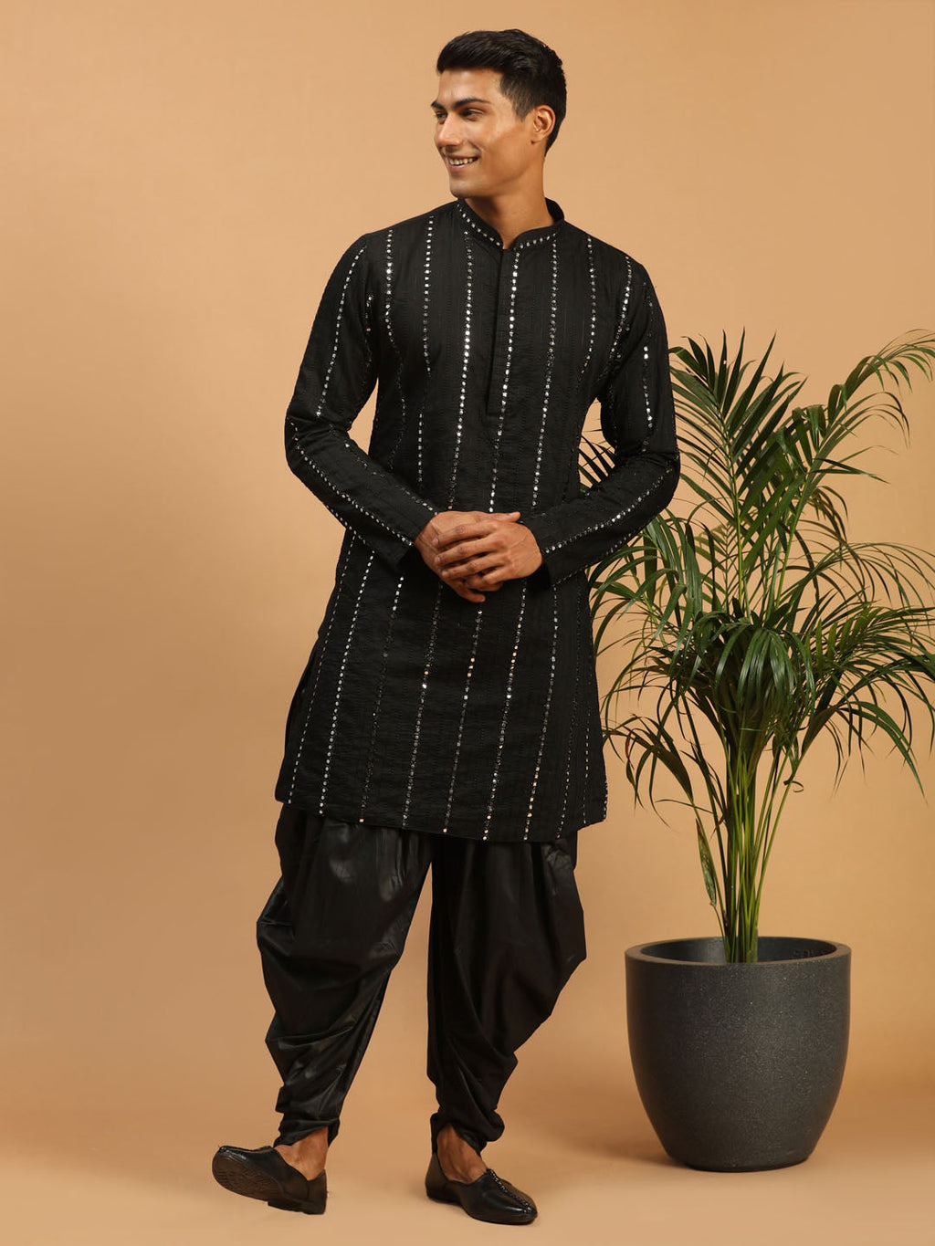 Men's Black Mirror Kurta Dhoti And Dupatta Set