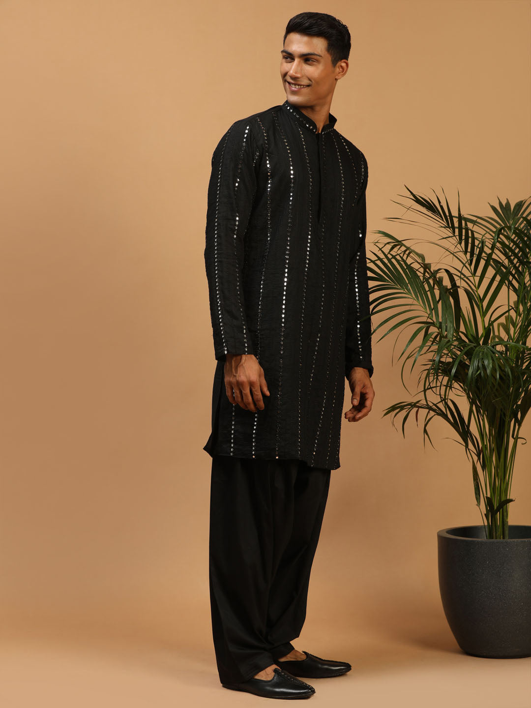 Men's Black Mirror Kurta With Patiala Set