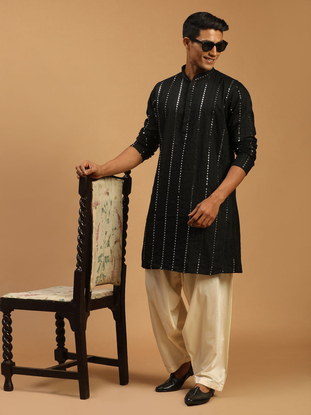 Men's Black Mirror Kurta With Patiala Set