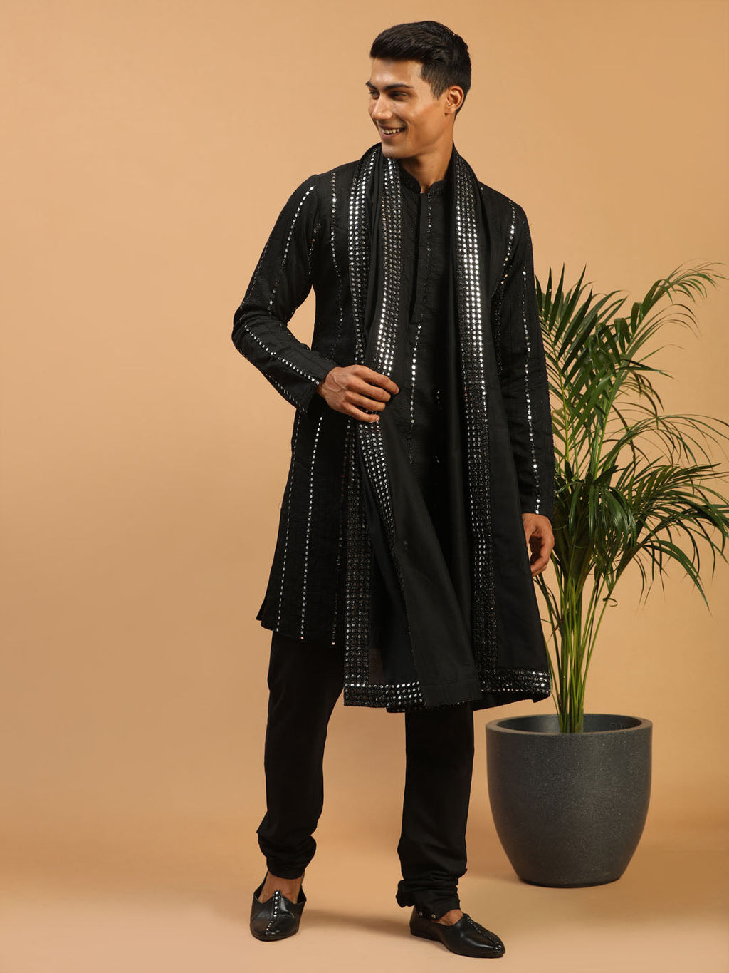 Men's Black Mirror Kurta Pyjama And Dupatta Set