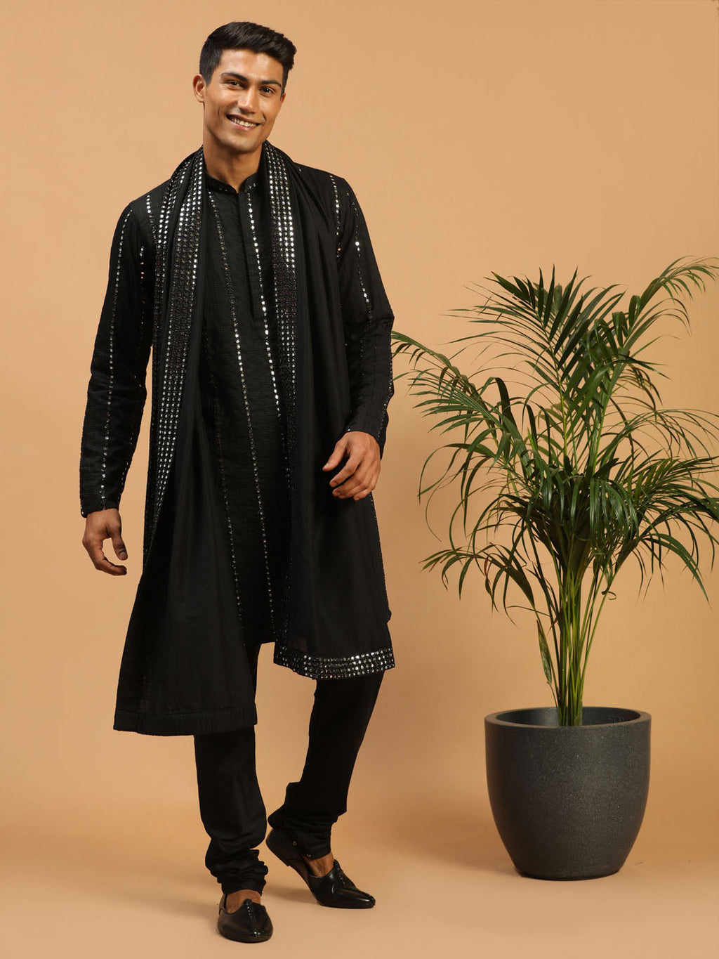 Men's Black Mirror Kurta Pyjama And Dupatta Set