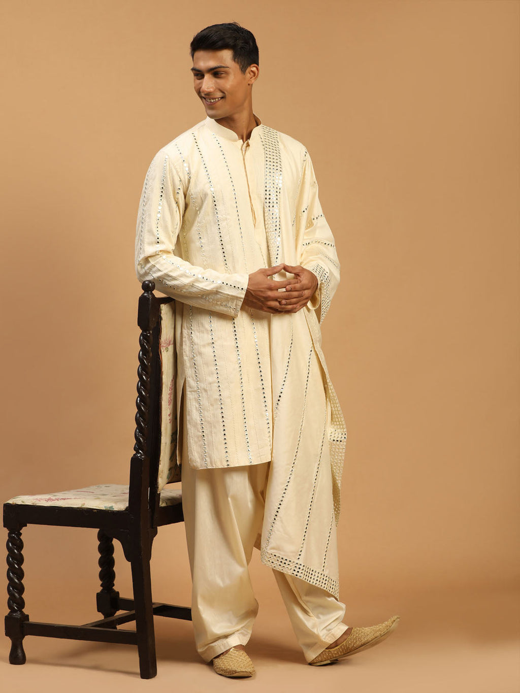 Men's Cream Mirror Kurta Patiala With Dupatta Set
