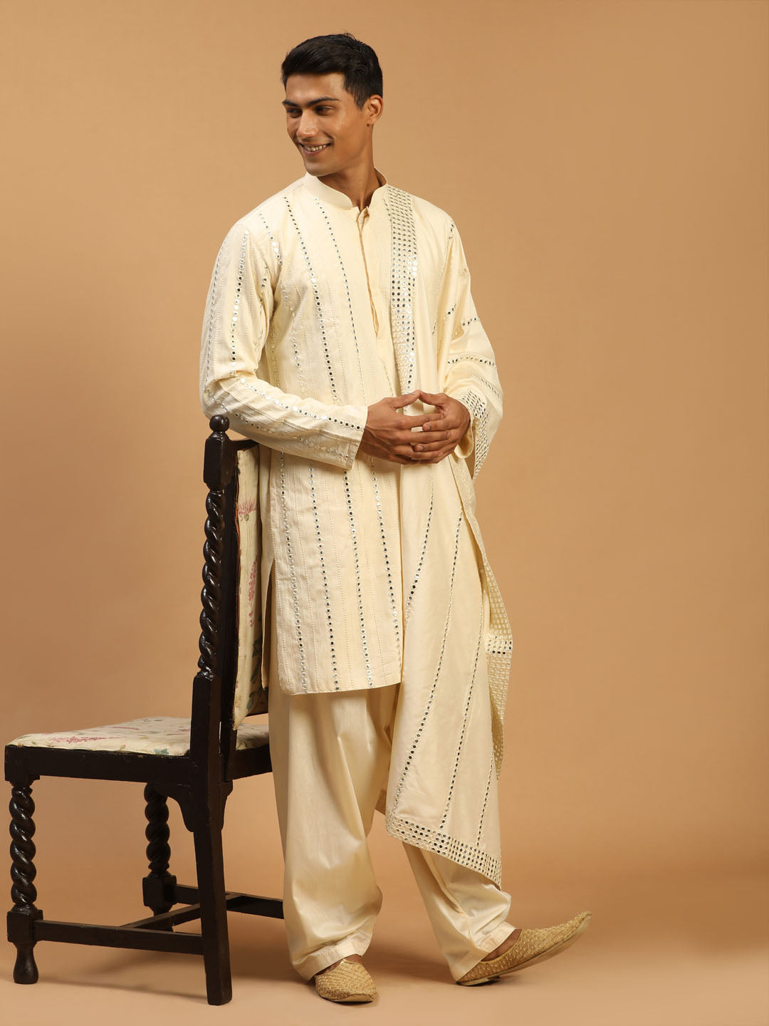 Men's Cream Mirror Kurta Patiala With Dupatta Set