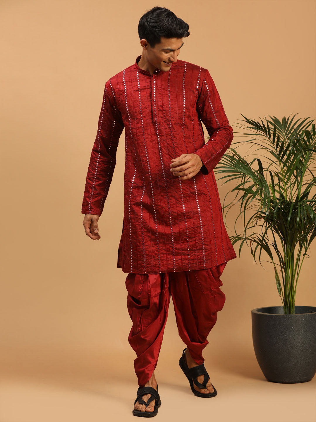 Men's Maroon Mirror Kurta Dhoti Set