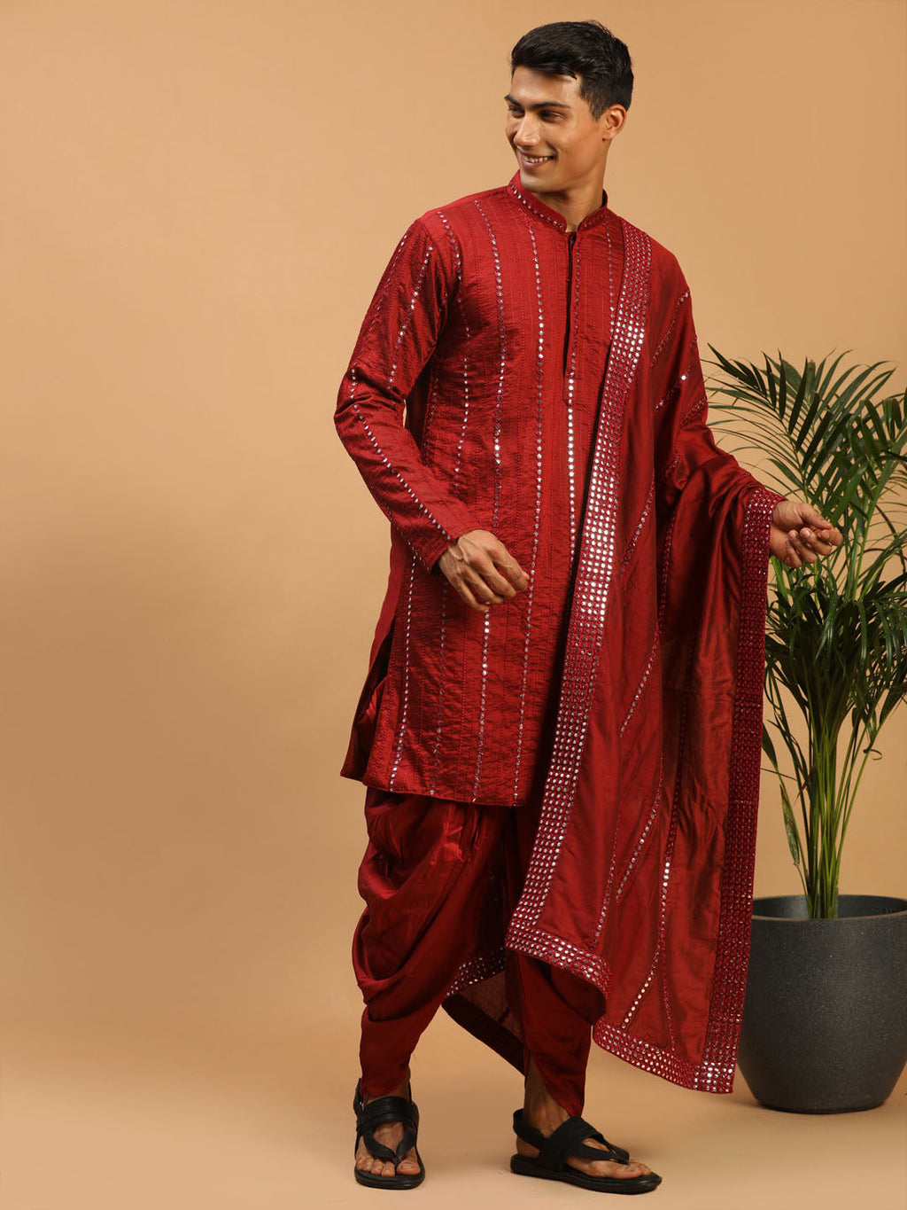 Men's Maroon Mirror Kurta Dhoti And Dupatta Set