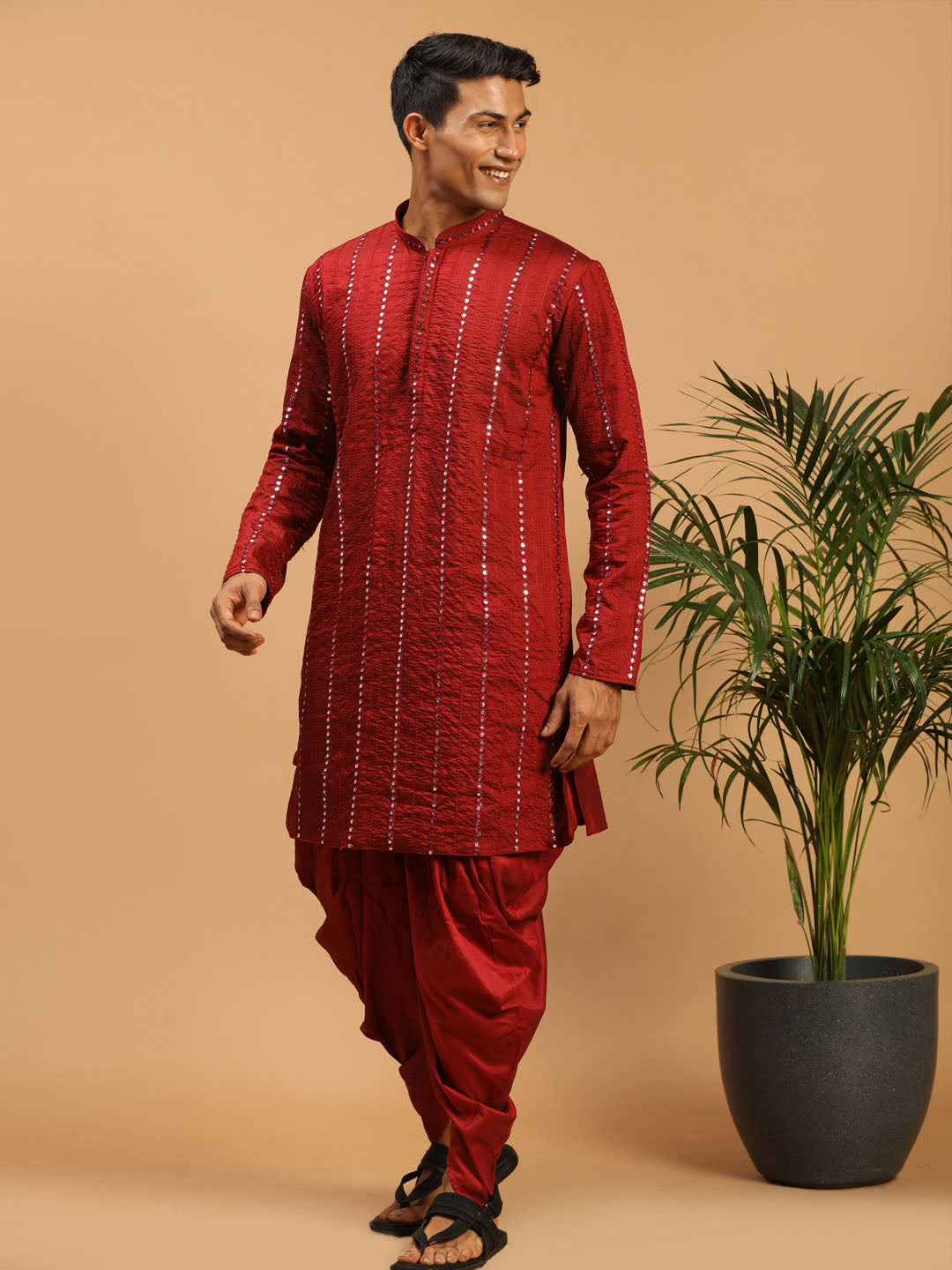 Men's Maroon Mirror Kurta Dhoti And Dupatta Set