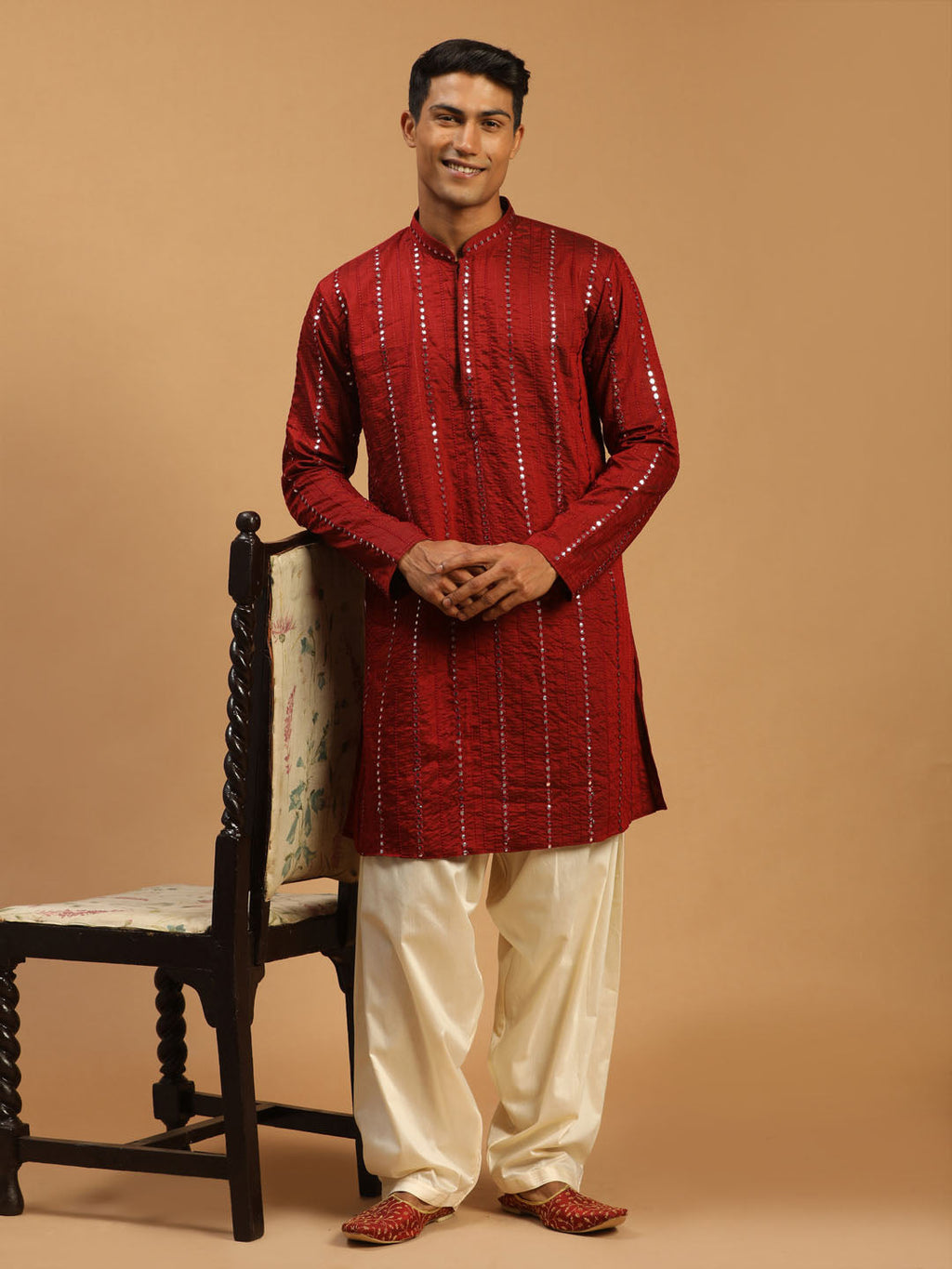 Men's Maroon Mirror Kurta With Patiala Set