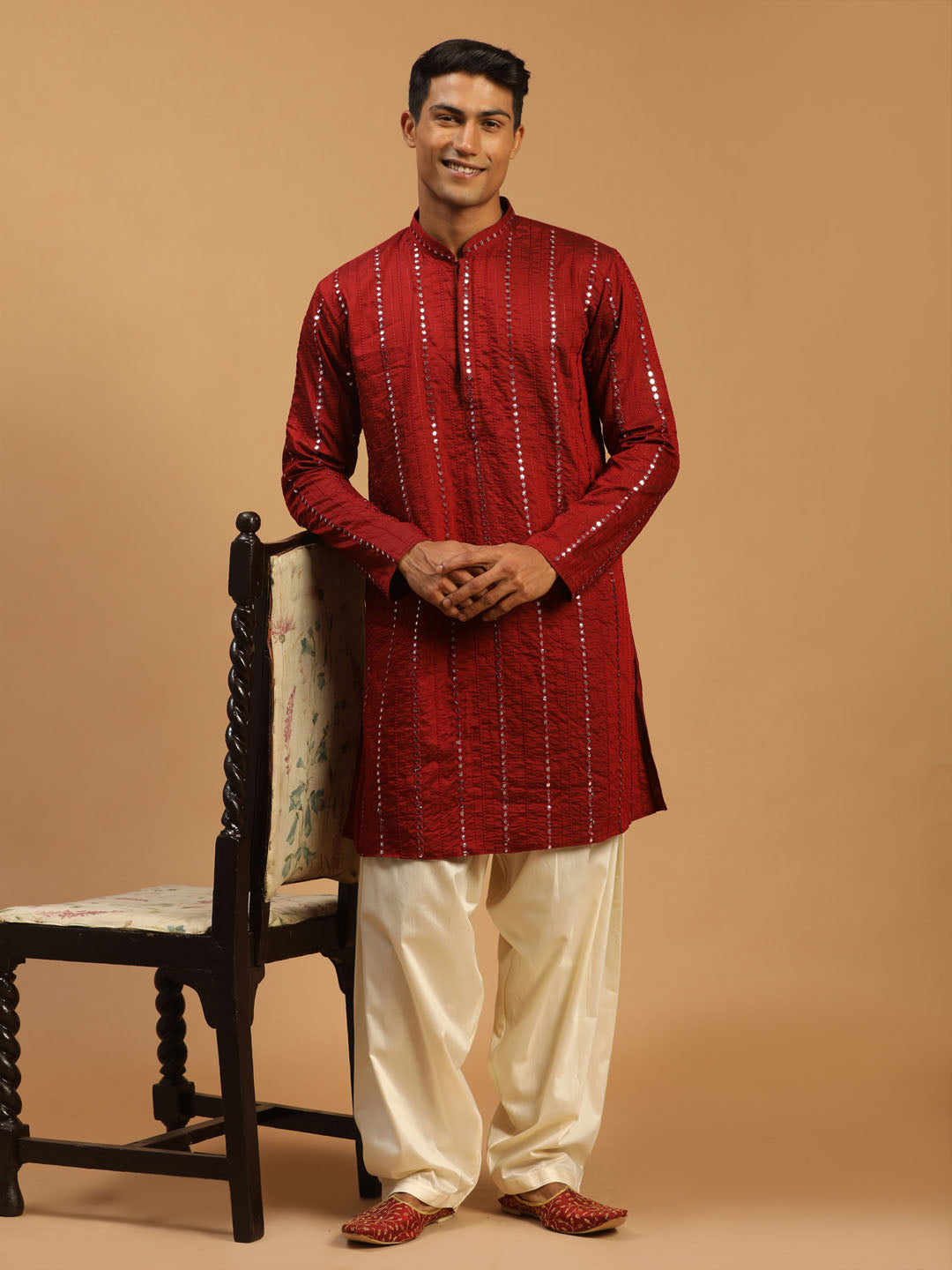 Men's Maroon Mirror Kurta With Patiala Set