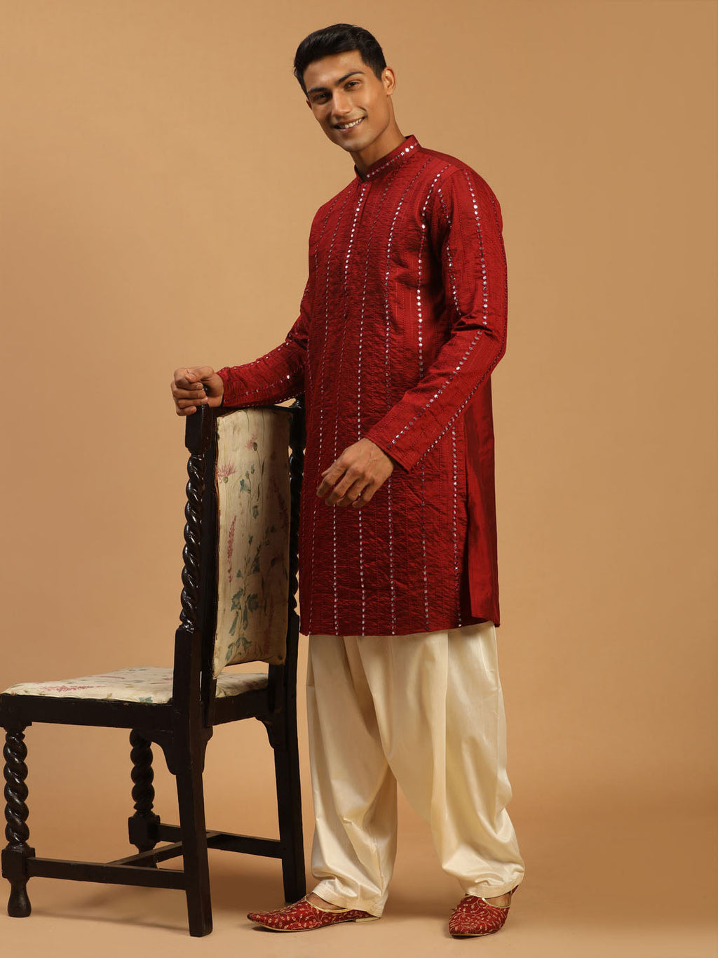Men's Maroon Mirror Kurta With Patiala Set