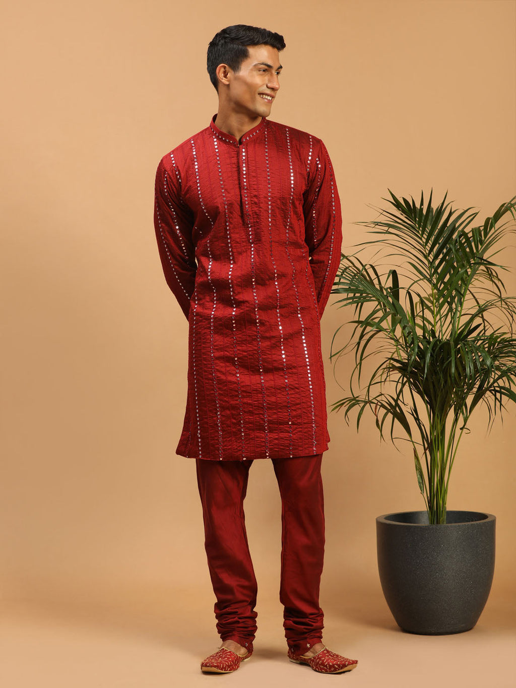 Men's Maroon Mirror Kurta  Pyjama Set