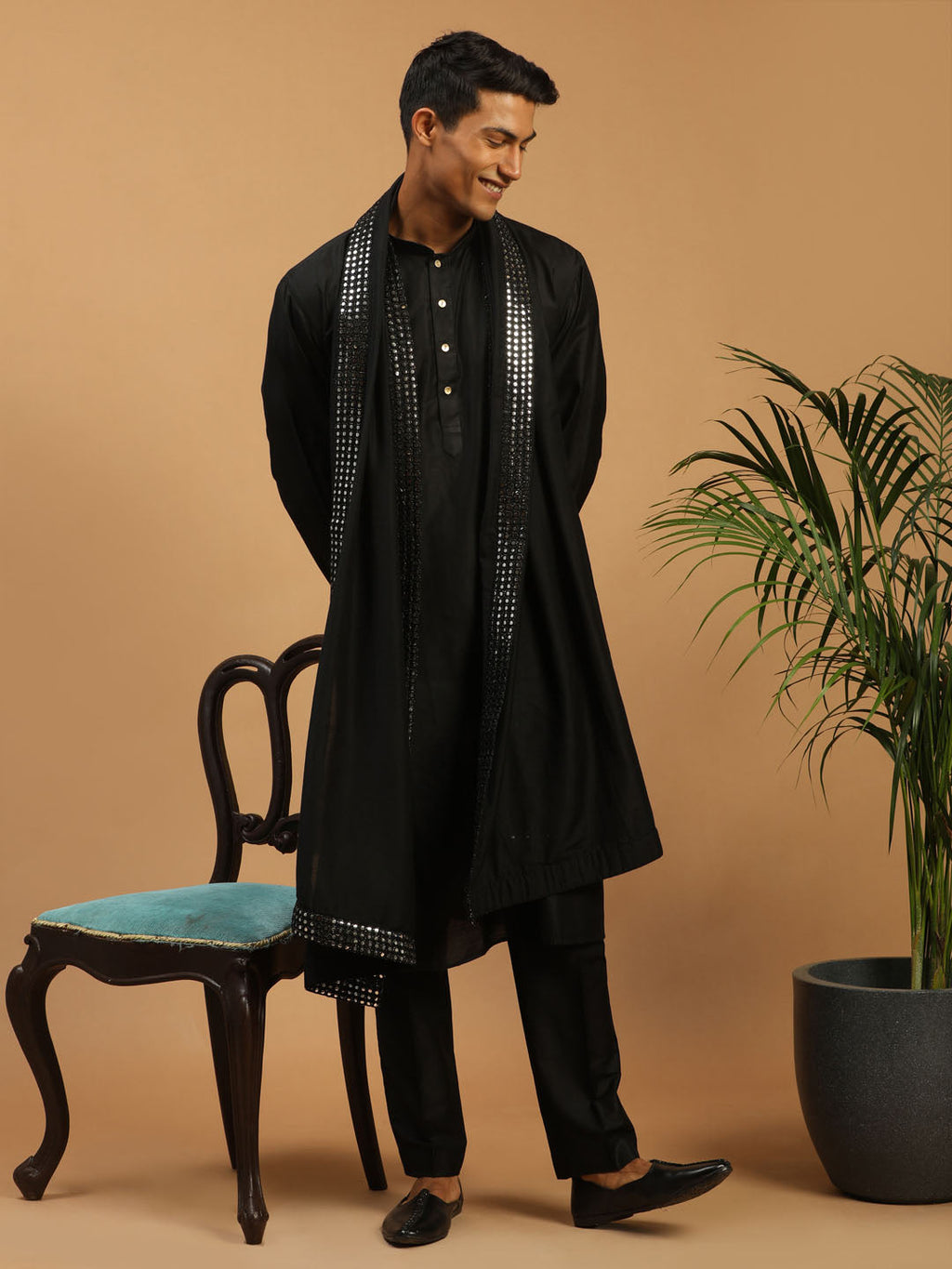 Men's Black Viscose Kurta Pant And Dupatta Set