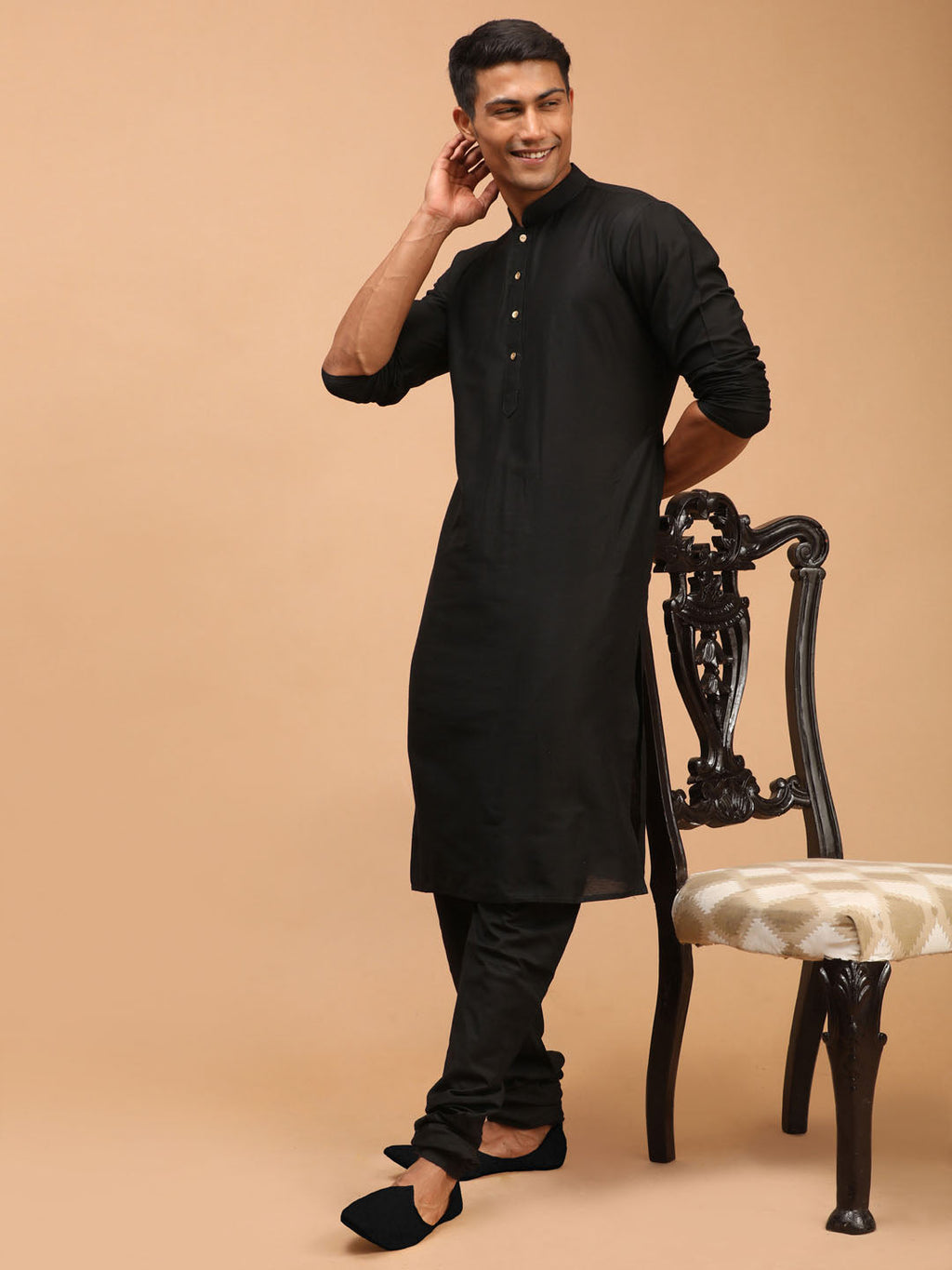 Men's Black Viscose Kurta Pyjama And Dupatta Set