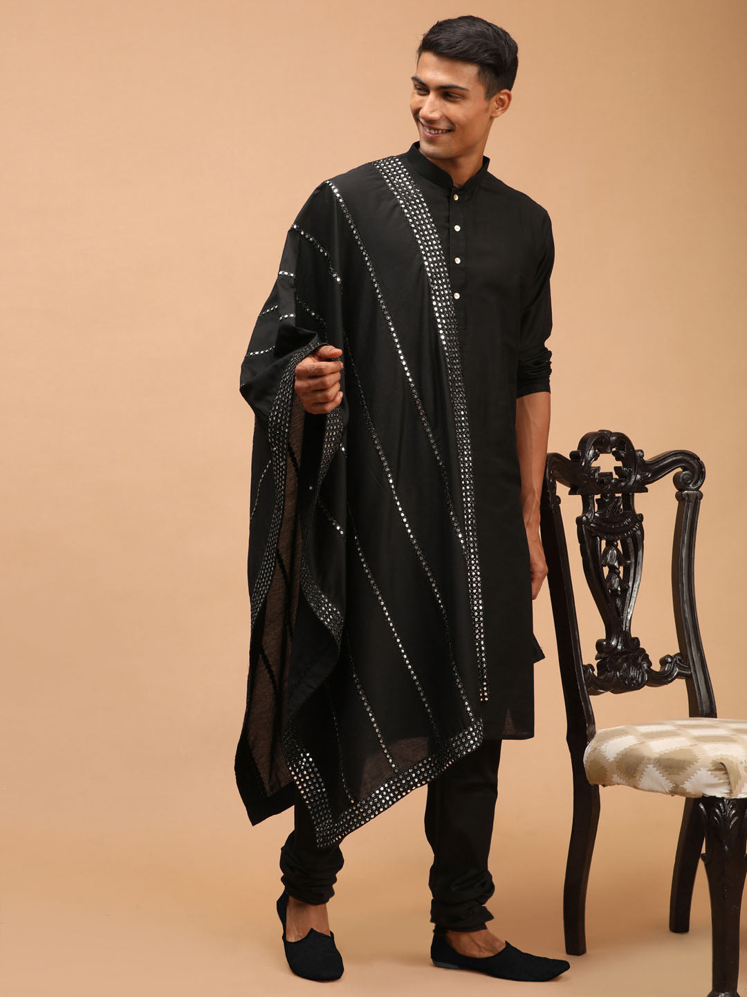 Men's Black Viscose Kurta Pyjama And Dupatta Set