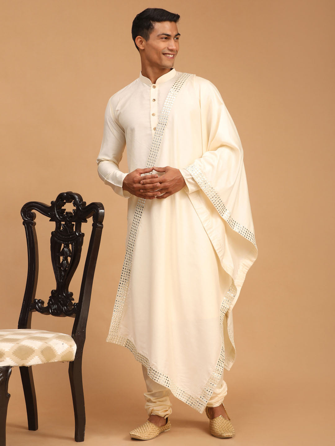 Men's Cream Viscose Kurta Pyjama And Dupatta Set