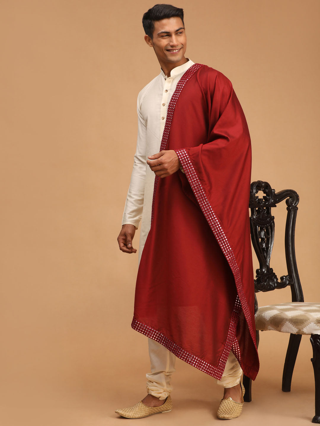 Men's Cream Viscose Kurta Pyjama And Dupatta Set