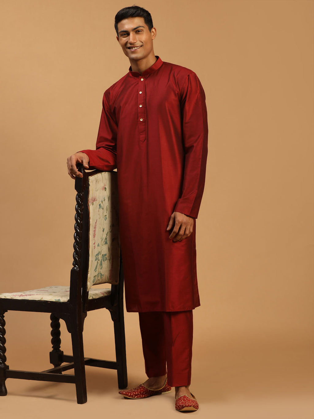 Men's Maroon Viscose Kurta With Pant Set