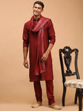 Men's Maroon Viscose Kurta Pyjama And Dupatta Set