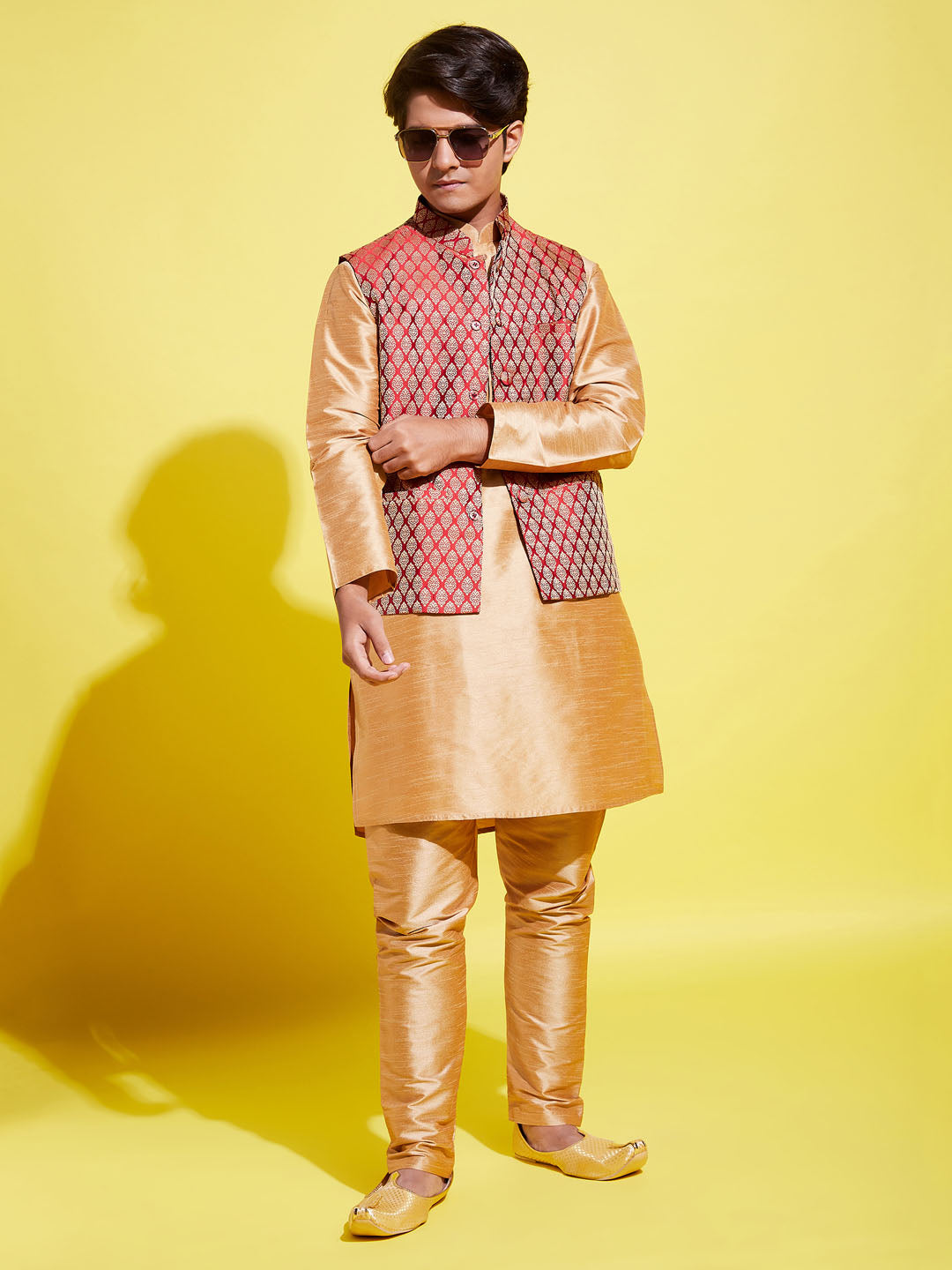 Boy's' Rose Gold Silk Blend Kurt Pyjama And Maroon Nehru Jacket Set