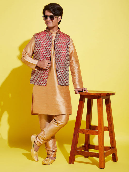 Boy's' Rose Gold Silk Blend Kurt Pyjama And Maroon Nehru Jacket Set