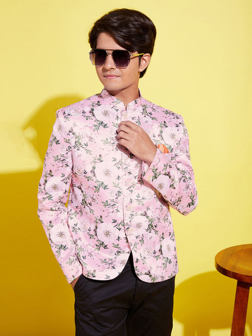 Boy's Floral Printed Pink Bandhgala Prince Coat Jodhpuri