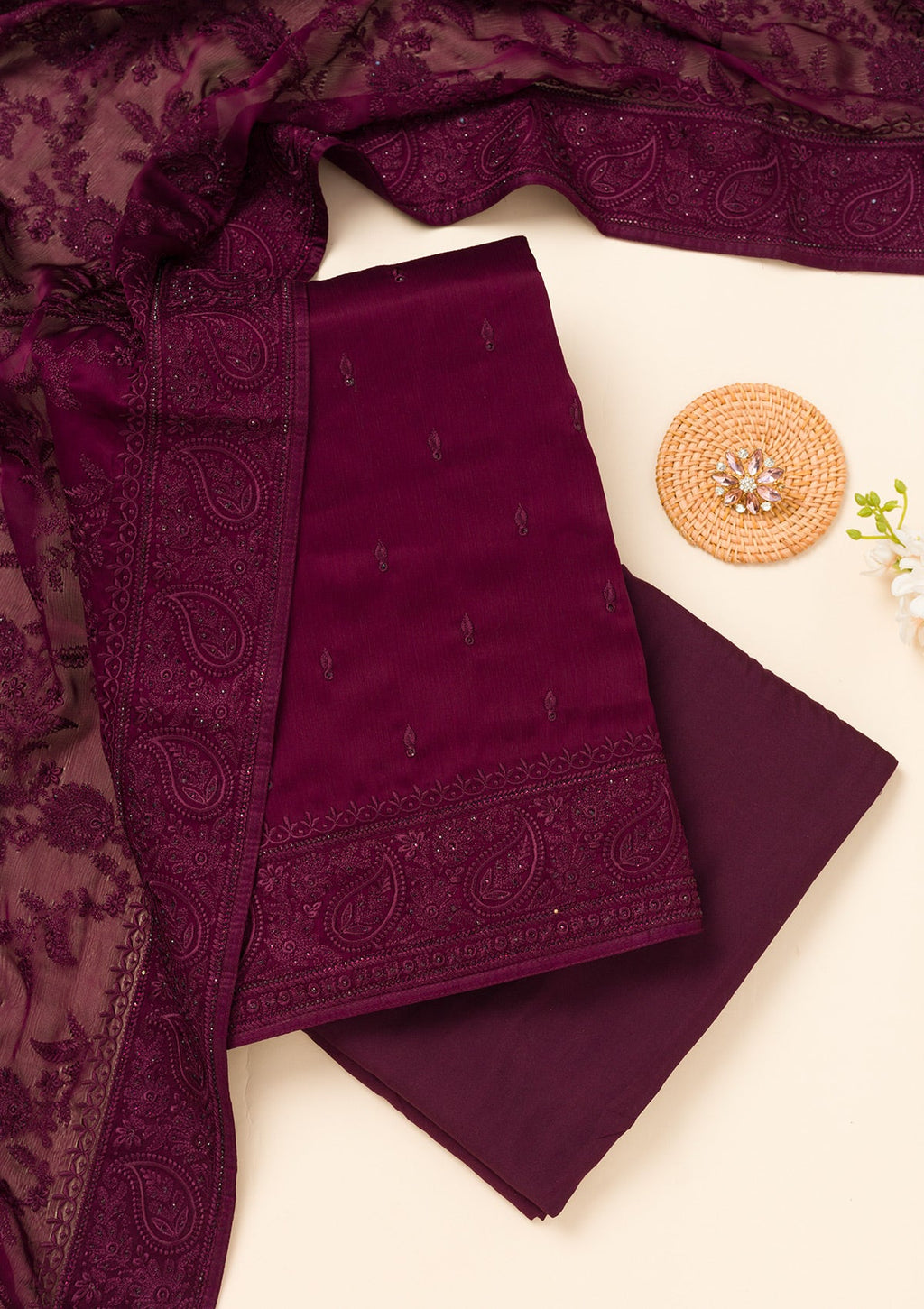 Wine Swarovski Semi Crepe Unstitched Salwar Suit