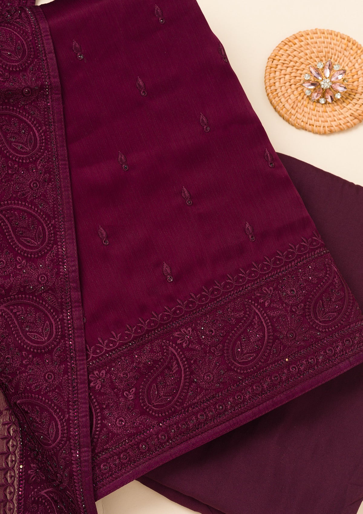 Wine Swarovski Semi Crepe Unstitched Salwar Suit