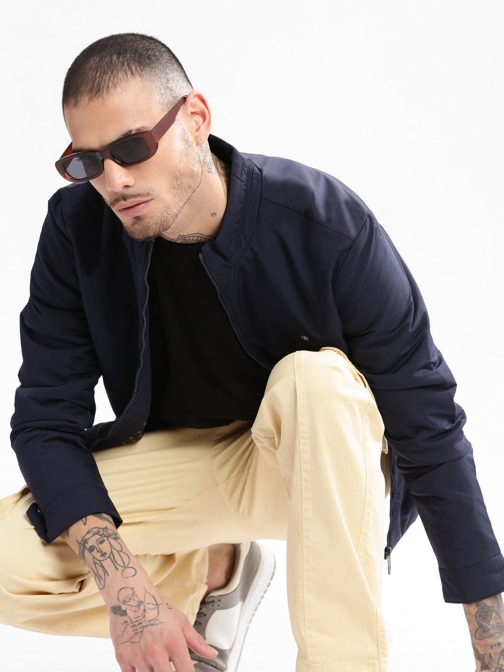 Men's Mock Collar Navy Blue Classic Bomber Jacket