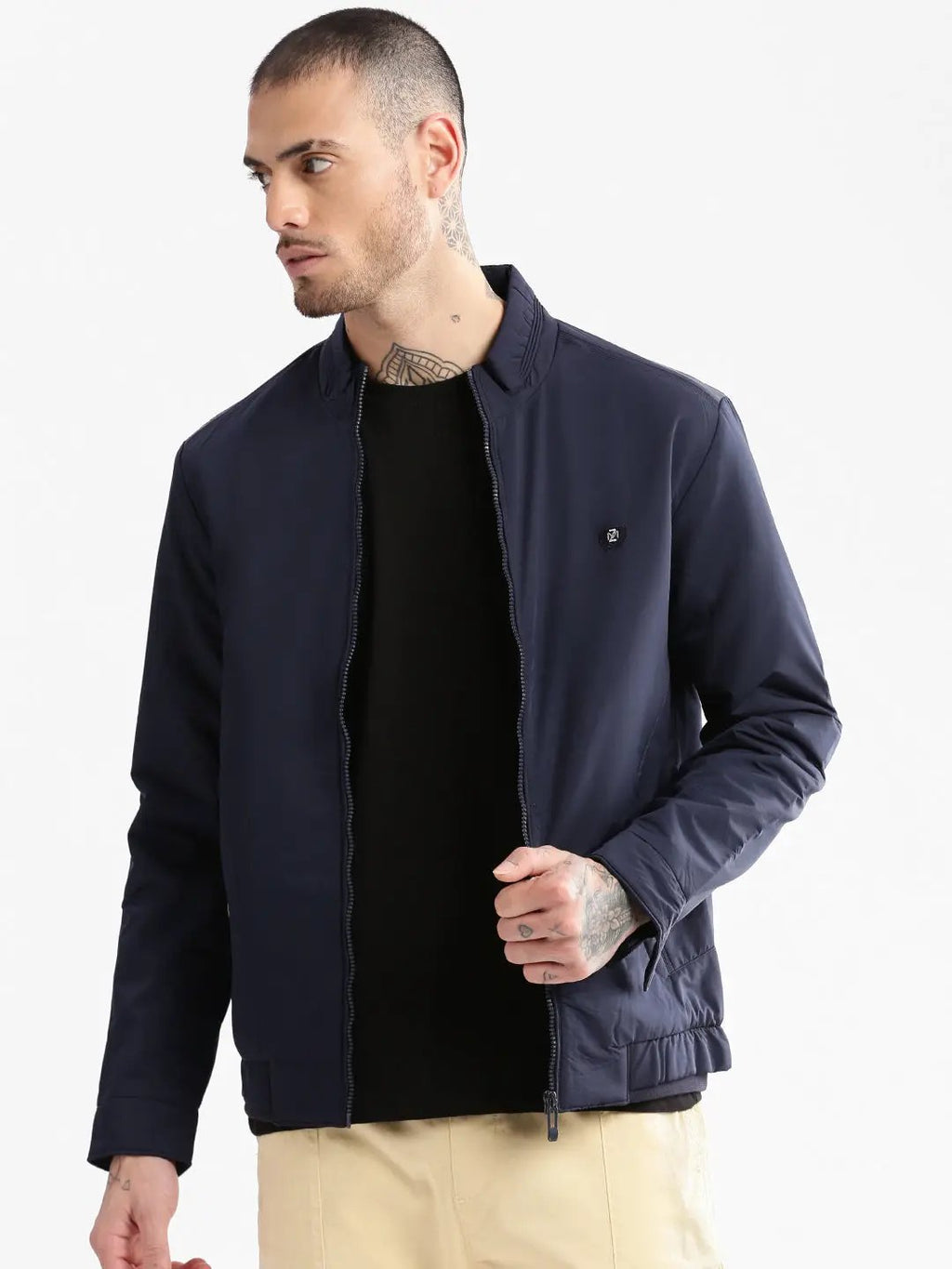 Men's Mock Collar Navy Blue Classic Bomber Jacket
