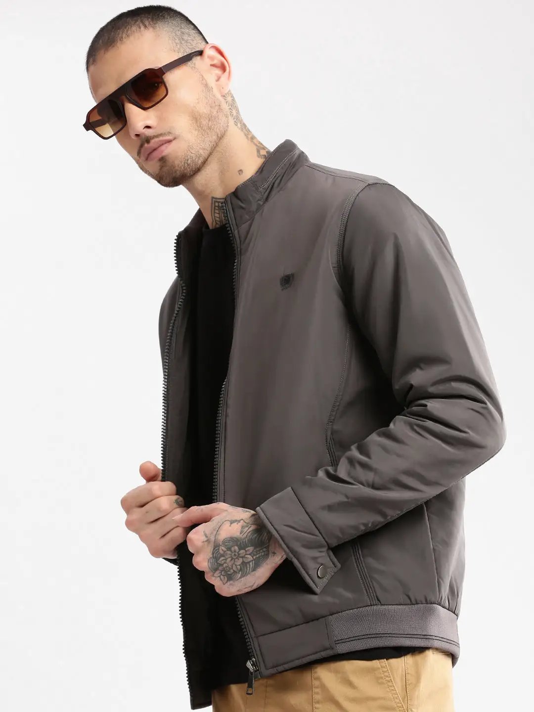 Men's Mock Collar Grey Solid Bomber Jacket