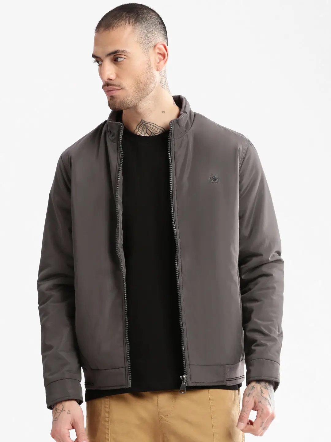 Men's Mock Collar Grey Solid Bomber Jacket