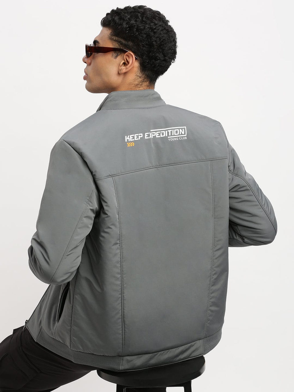 Men's Solid Mock Collar Grey Casual Bomber Jacket