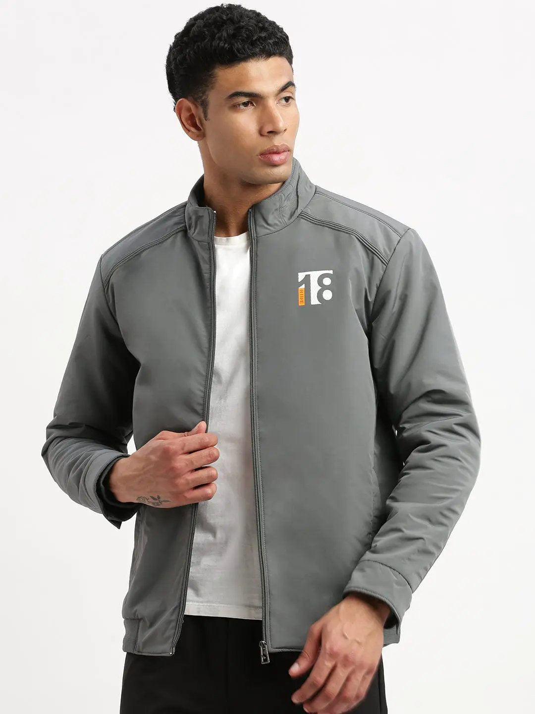 Men's Solid Mock Collar Grey Casual Bomber Jacket