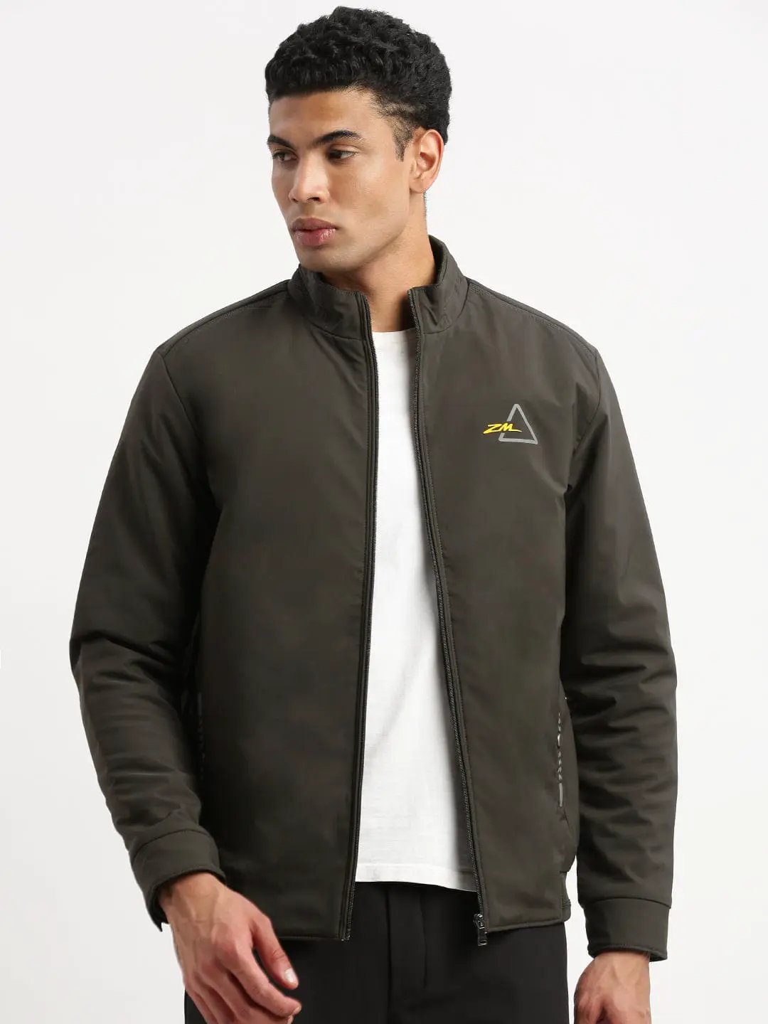Men's Mock Collar Green Solid Casual Bomber Jacket