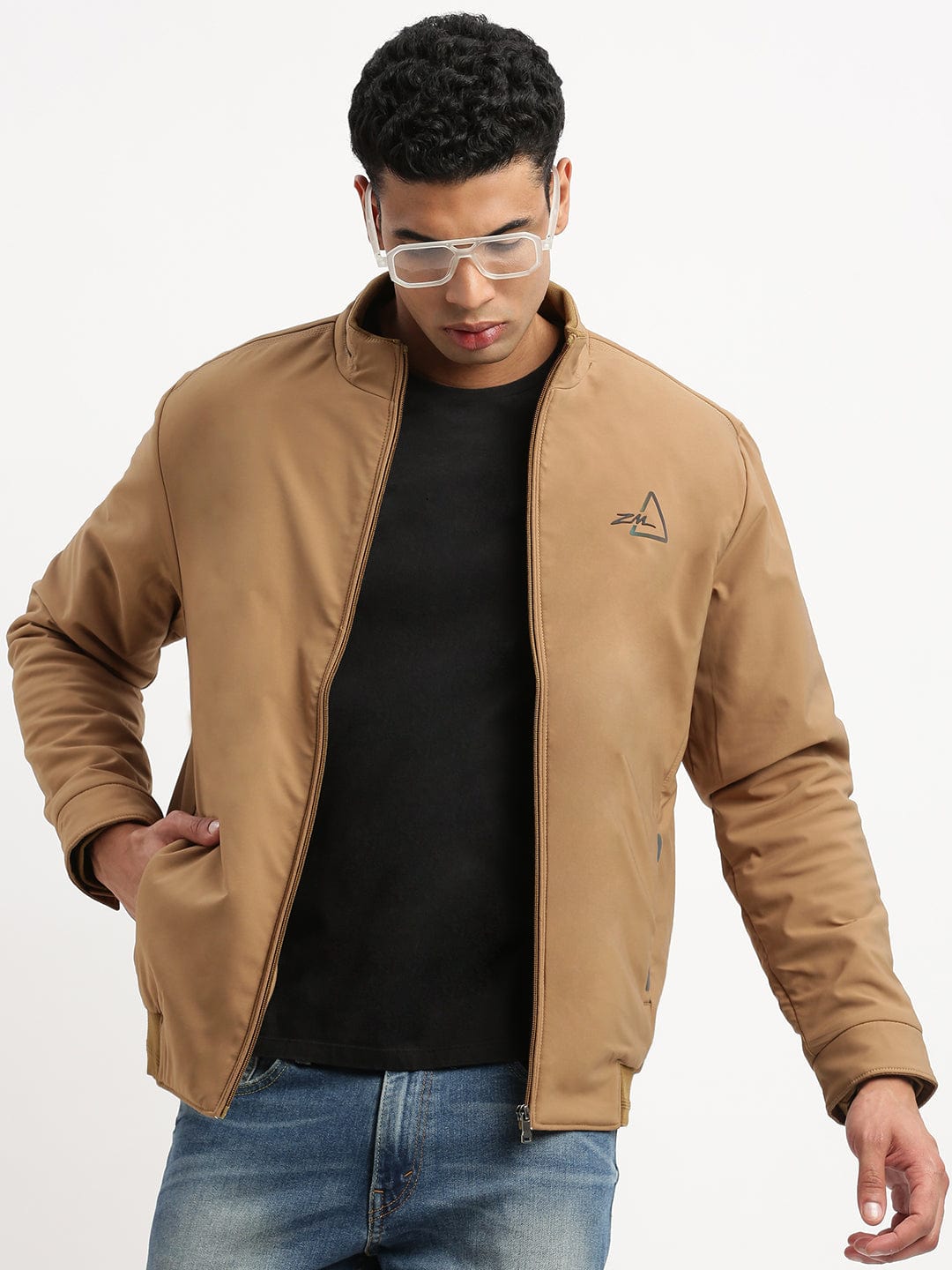 Men's Mock Collar Khaki Solid Bomber Jacket