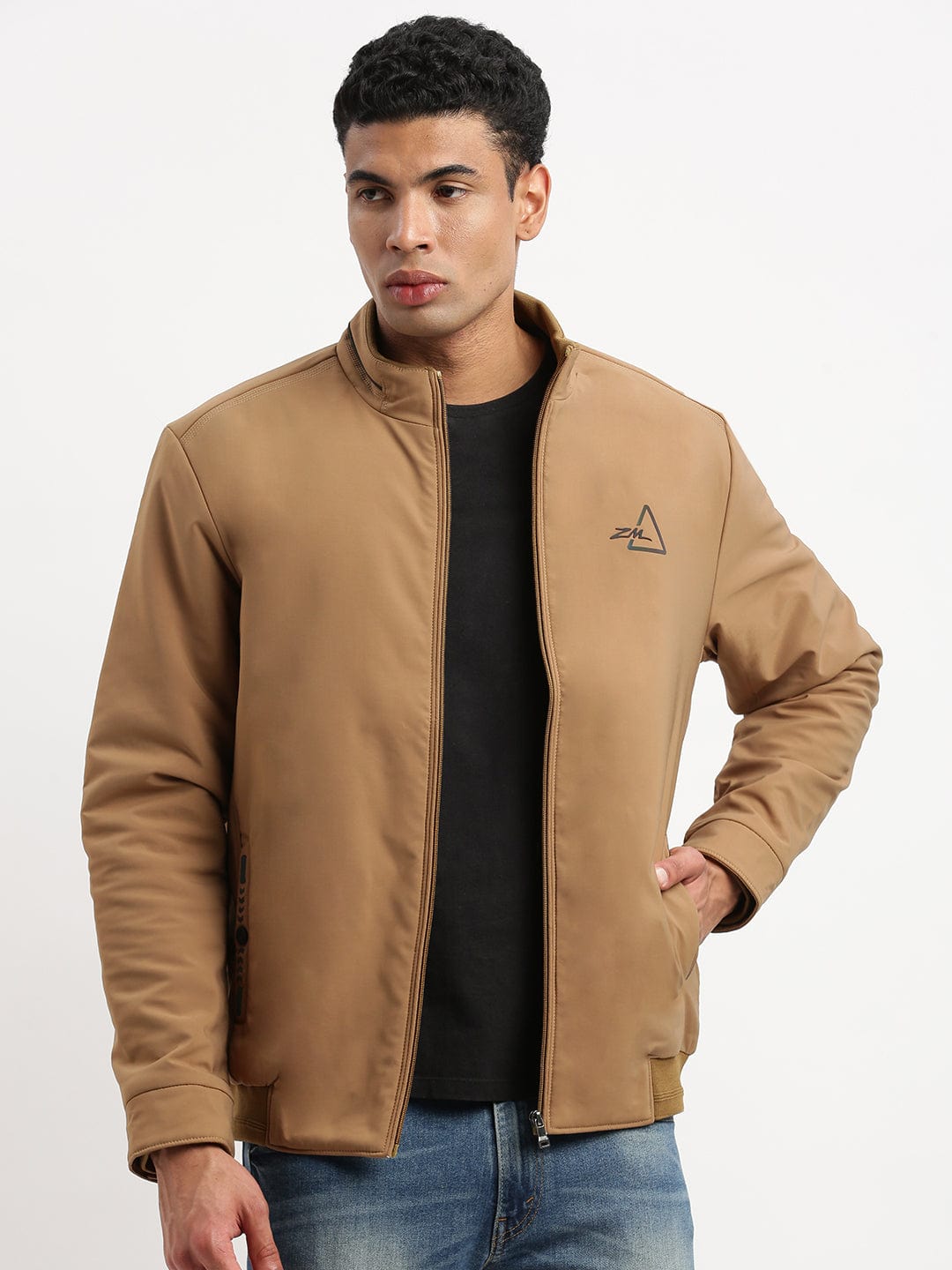 Men's Mock Collar Khaki Solid Bomber Jacket