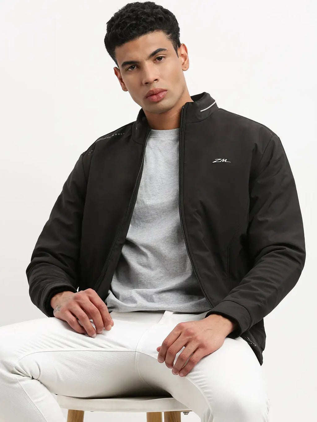 Men's Mock Collar Black Graphic Bomber Jacket