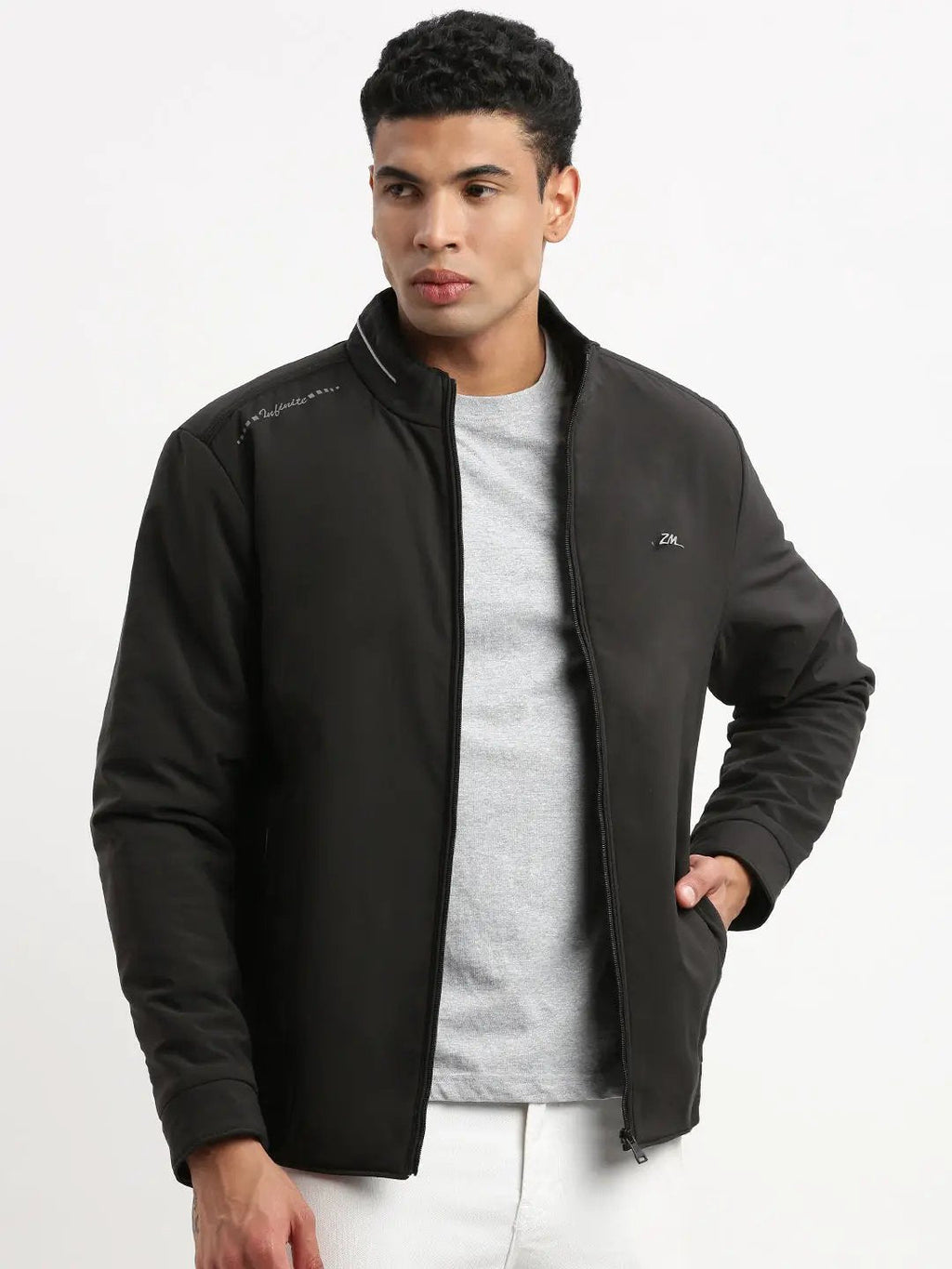 Men's Mock Collar Black Graphic Bomber Jacket