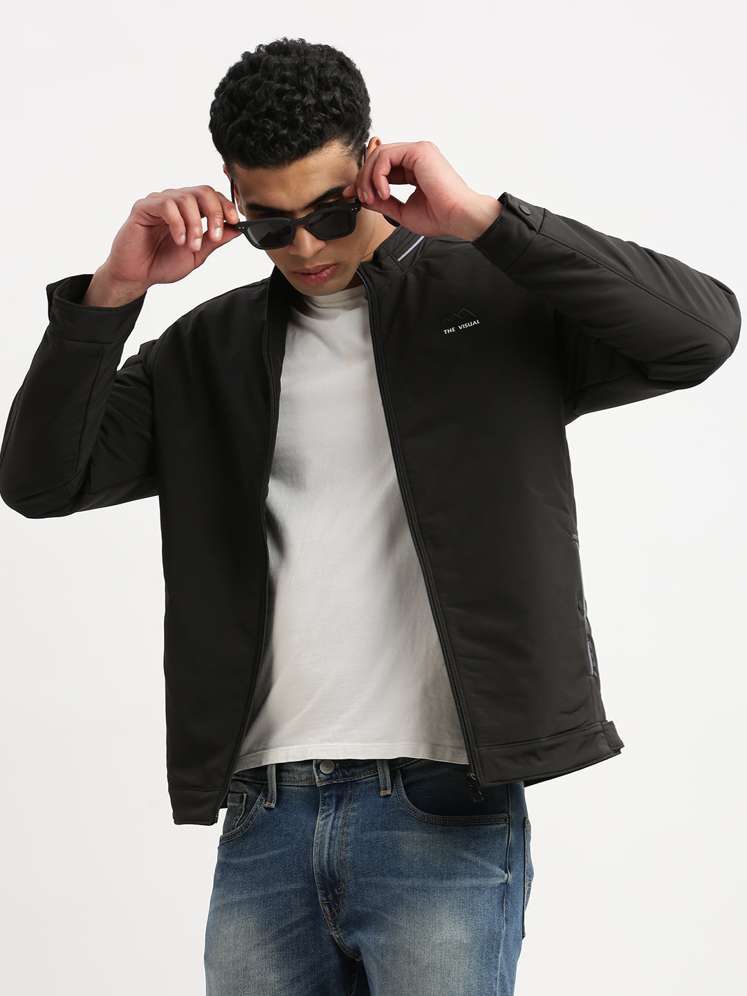 Men's Mock Collar Black Casual Bomber Jacket