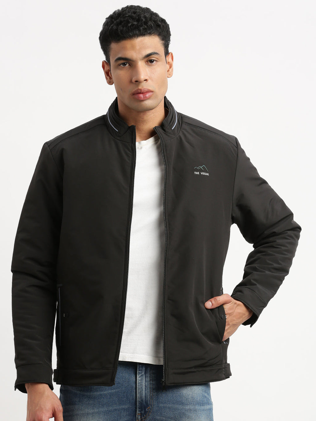 Men's Mock Collar Black Casual Bomber Jacket