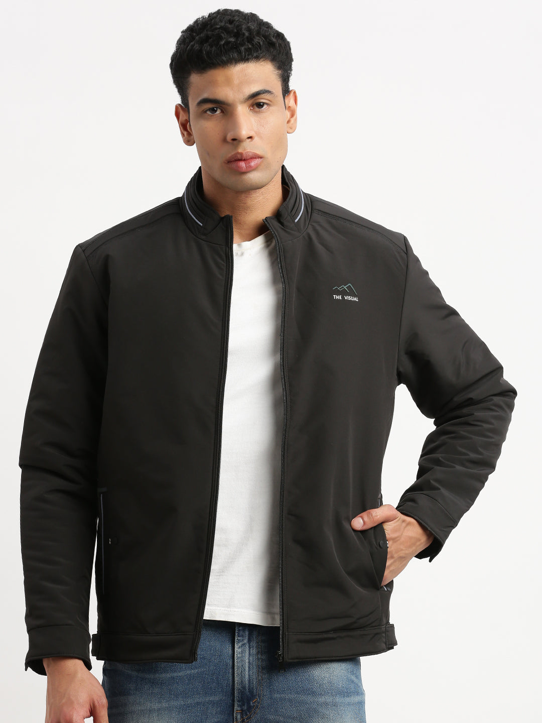 Men's Mock Collar Black Casual Bomber Jacket