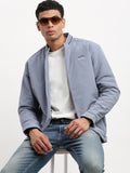 Men's Solid Mock Collar Blue Bomber Jacket
