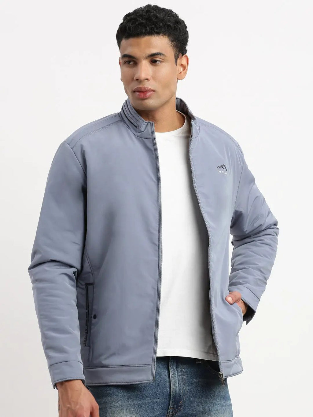 Men's Solid Mock Collar Blue Bomber Jacket