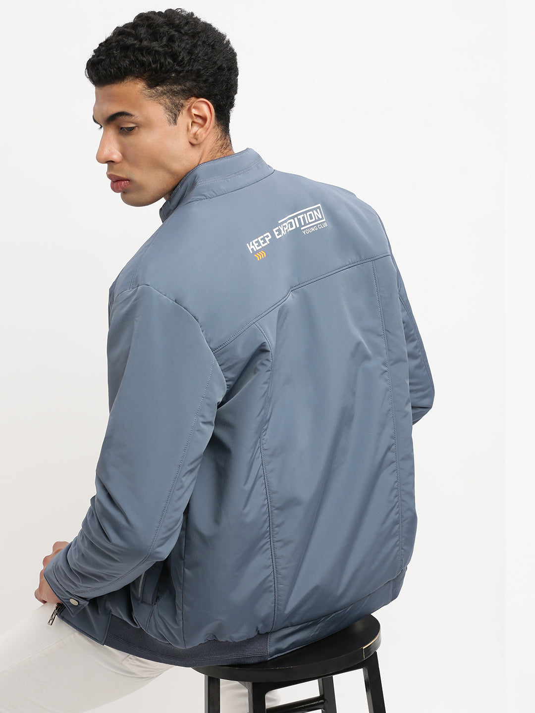 Men's Mock Collar Blue Solid Bomber Jacket