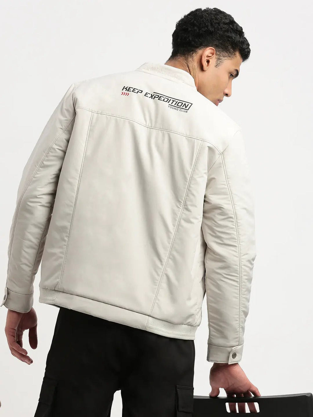 Men's Mock Collar Cream Solid Bomber Jacket