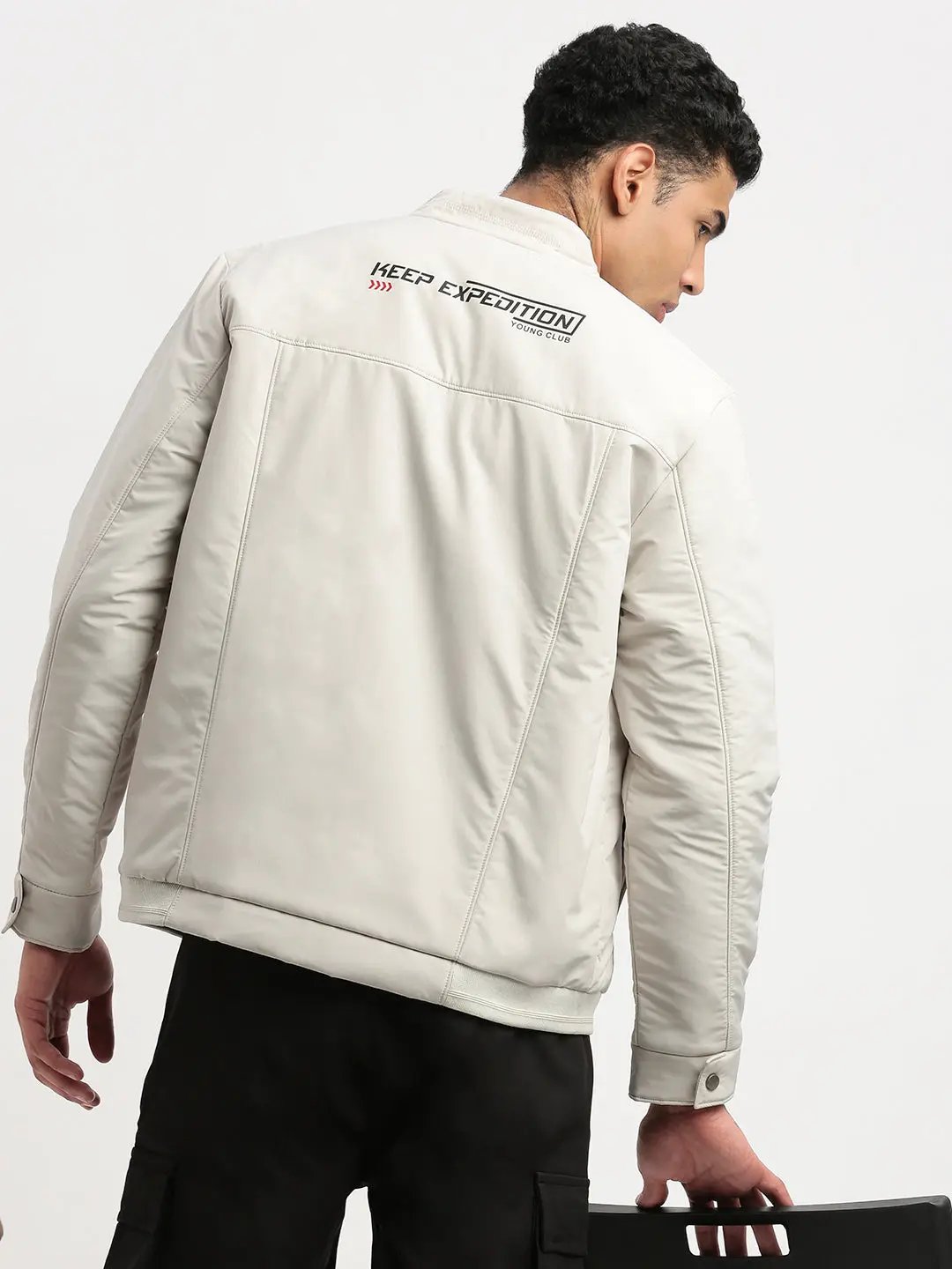 Men's Mock Collar Cream Solid Bomber Jacket