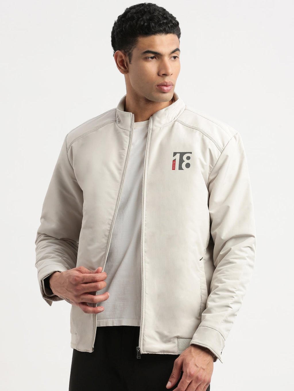 Men's Mock Collar Cream Solid Bomber Jacket