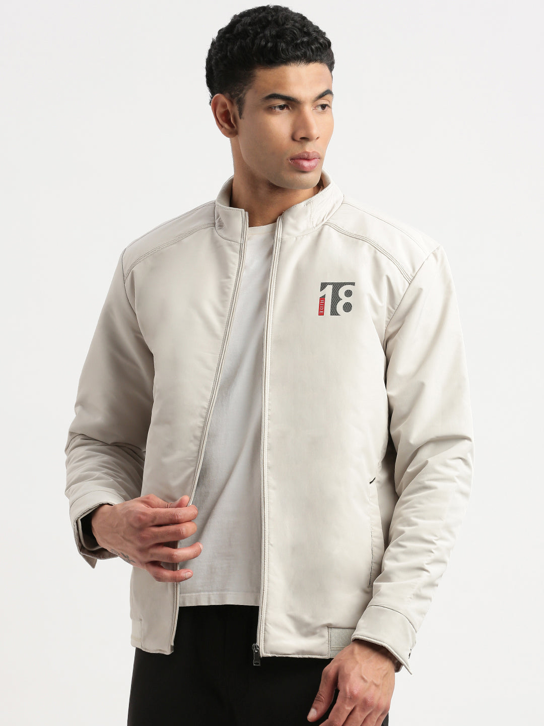 Men's Mock Collar Cream Solid Bomber Jacket